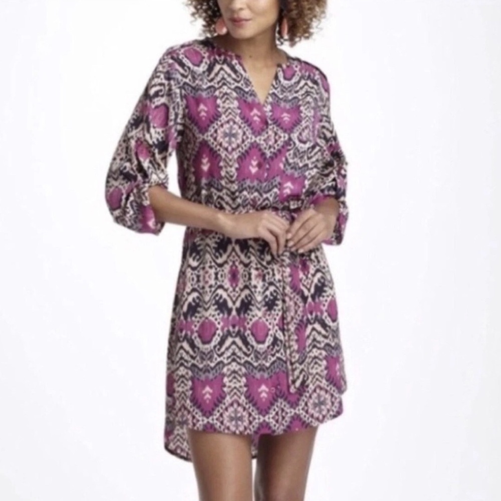 Maeve Anthropologie Ikat Frequencies Shirt Dress Belted Fushia Roll Tab Sleeve S